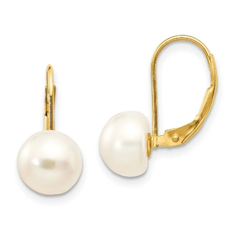 Curata 14k Yellow Gold 8-8.5mm Freshwater Cultured Button Pearl Leverback Earrings (19x8.5mm)