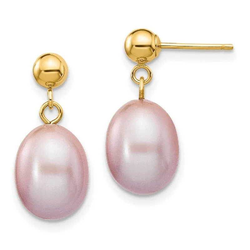 Curata 14k Yellow Gold 8-8.5mm Purple Freshwater Cultured Pearl Post Dangle Earrings