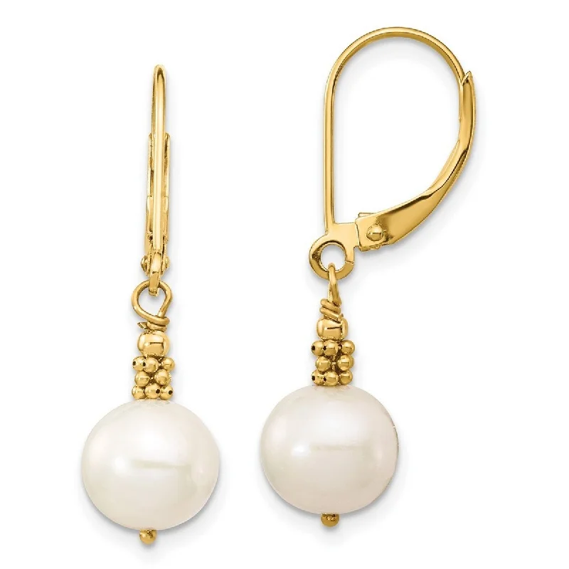 Curata 14k Yellow Gold 8-9mm Near Round White Freshwater Cultured Pearl Leverback Earrings (31x8mm)