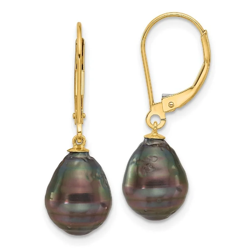 Curata 14k Yellow Gold 8-9mm Teardrop Black Saltwater Tahitian Pearl Leverback Earrings (28.8mm)