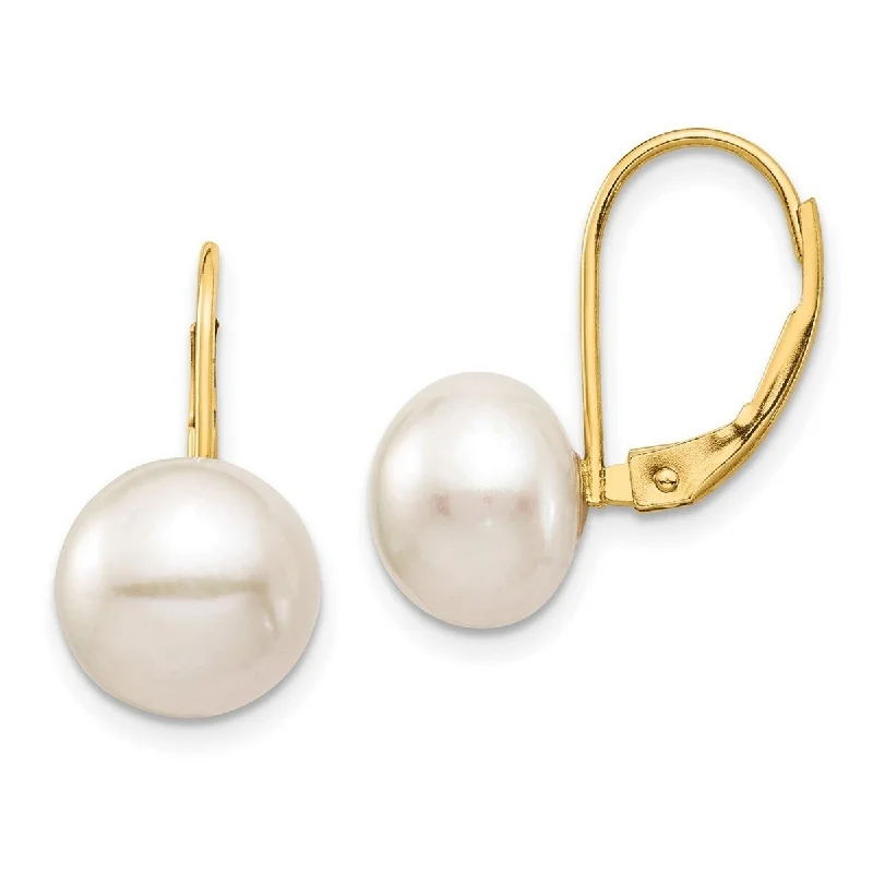 Curata 14k Yellow Gold 9-10mm White Button Freshwater Cultured Pearl Leverback Earrings (16.8mm)