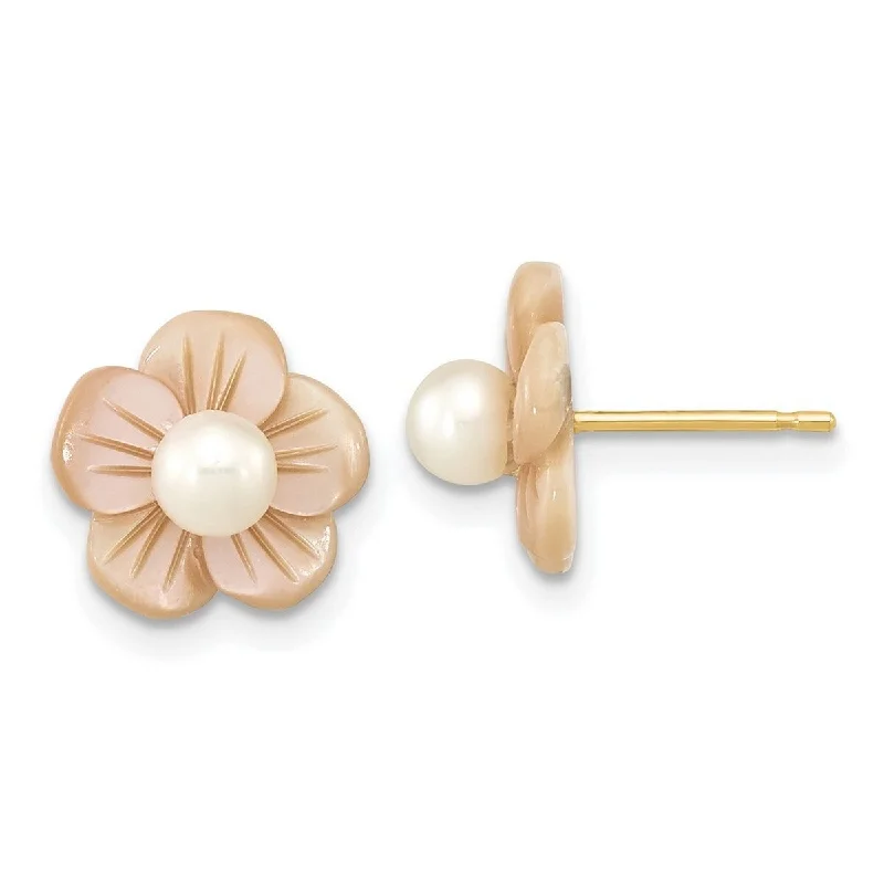 Curata 14k Yellow Gold 9mm 3-4mm White Freshwater Pearl Pink Mother of Pearl Flower Earrings