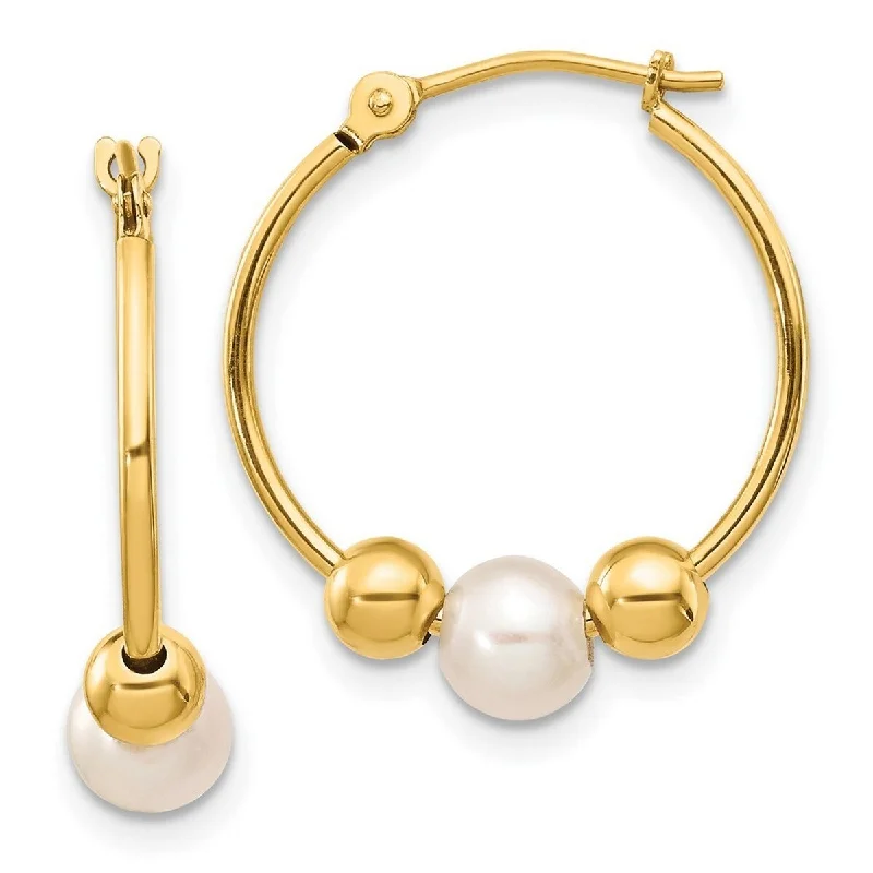 Curata 14k Yellow Gold Freshwater Cultured Pearl and Bead Hoop Earrings (21x19mm)