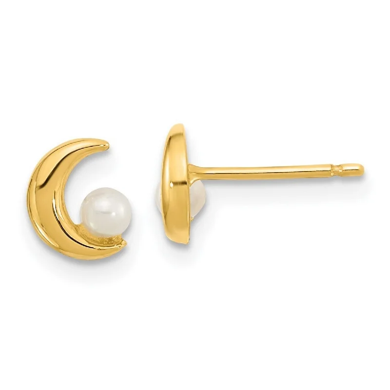 Curata 14k Yellow Gold Half Celestial Moon 2.5-3mm Freshwater Cultured Pearl Post Earrings 7x6mm