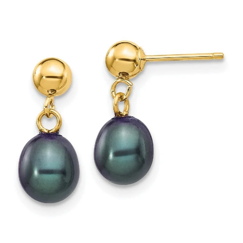 Curata 14k Yellow Gold Post Earrings 6-6.5mm Black Freshwater Cultured Pearl Dangle Earrings (14x7mm)