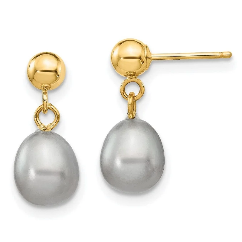 Curata 14k Yellow Gold Post Earrings 6-6.5mm Grey Freshwater Cultured Pearl Dangle Earrings (13x6.5mm)