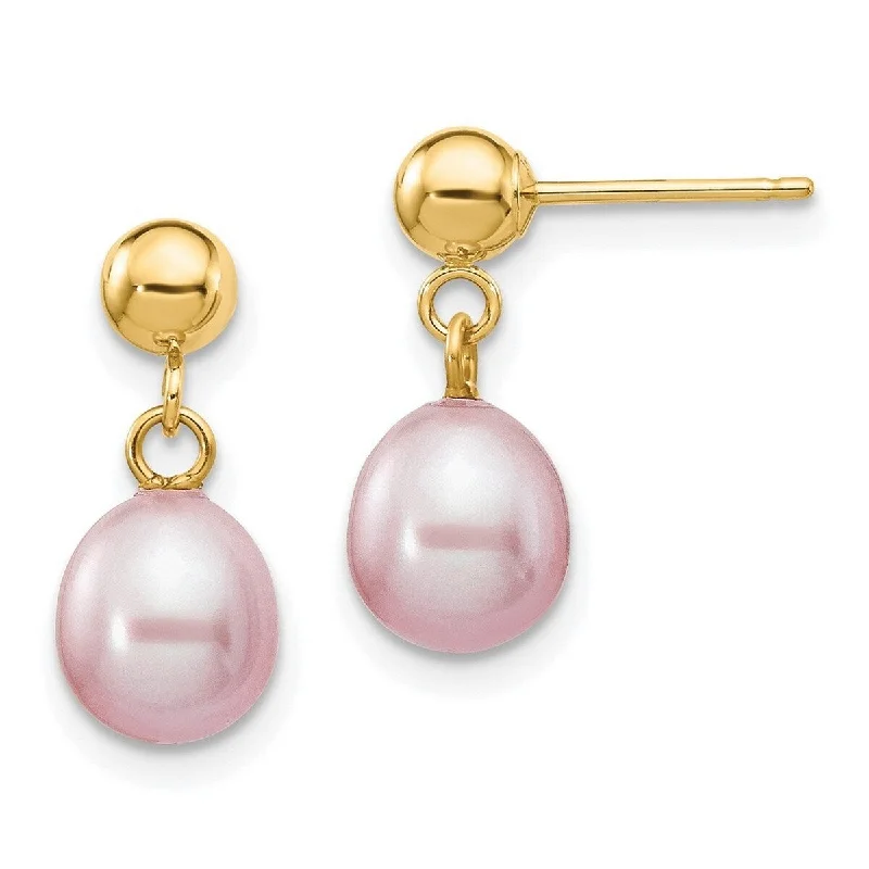 Curata 14k Yellow Gold Post Earrings 6-6.5mm Purple Freshwater Cultured Pearl Dangle Earrings 15x6.5mm