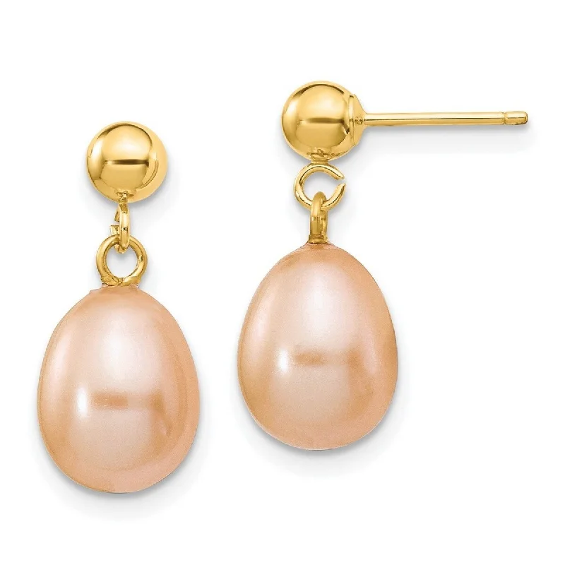 Curata 14k Yellow Gold Post Earrings 8-8.5mm Pink Freshwater Cultured Pearl Dangle Earrings (17x8.5mm)