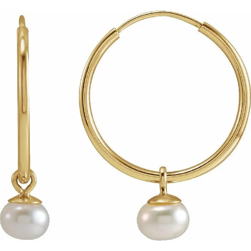 Curata 14k Yellow Gold White Cultured Pearl Dangle 15mm Endless Hoop Earrings