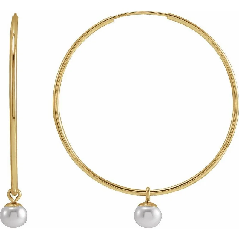 Curata 14k Yellow Gold White Cultured Pearl Dangle 30mm Endless Hoop Earrings