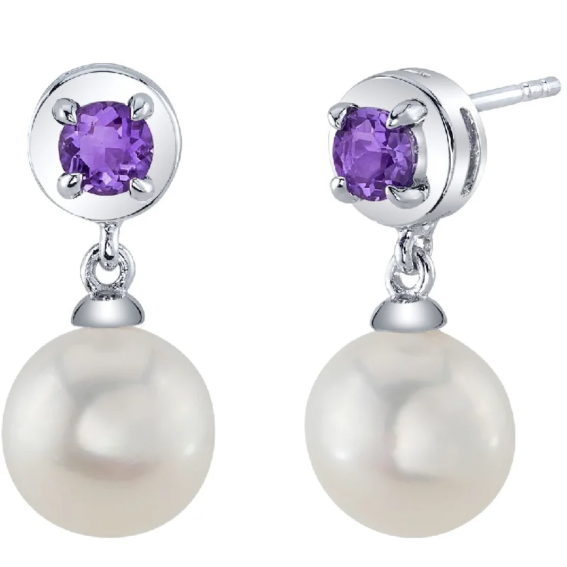 Freshwater Pearl and Amethyst Birthstone Sterling Silver Drop Earrings