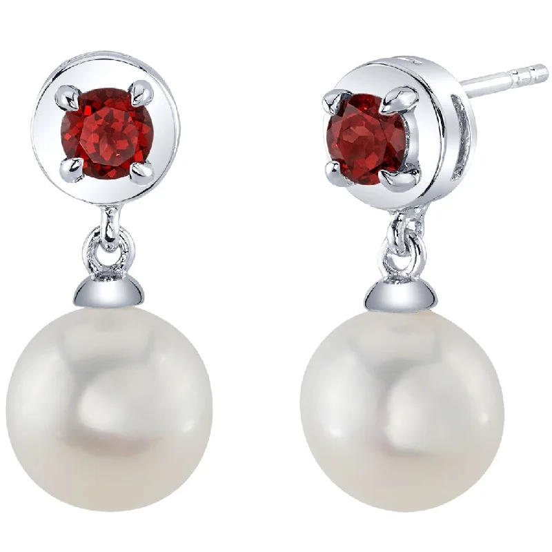 Freshwater Pearl and Garnet Birthstone Sterling Silver Drop Earrings