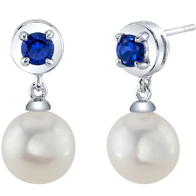 Freshwater Pearl and Sapphire Birthstone Sterling Silver Drop Earrings