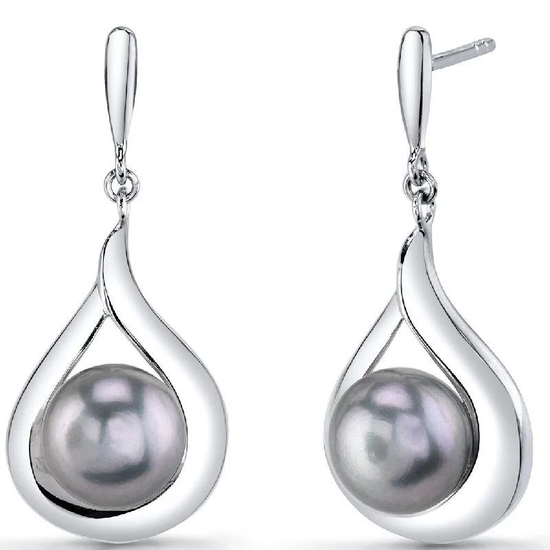 Grey Pearl Dangle Earrings in Sterling Silver, 8mm Round