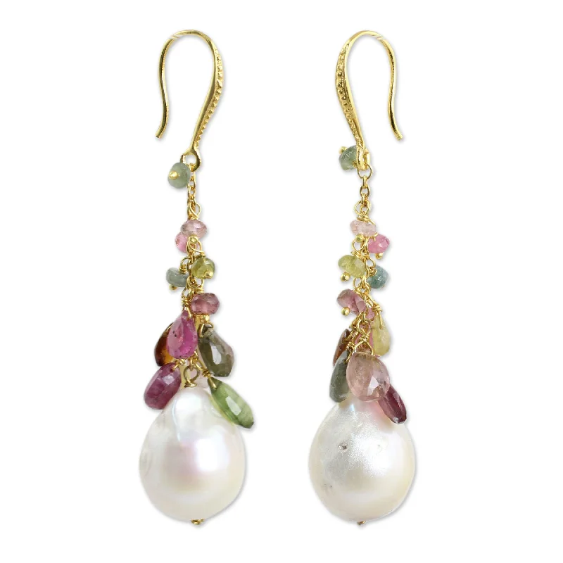 Handmade Gold Overlay 'Rainbow' Pearl Tourmaline Earrings (14.5 Mm) (Thailand)