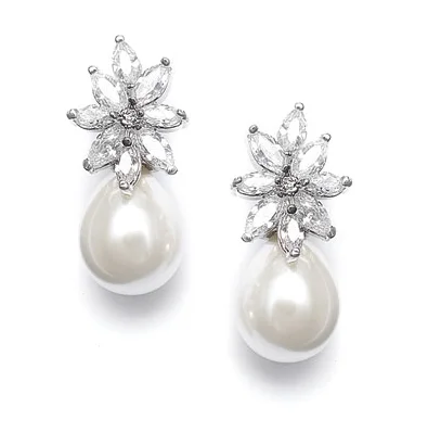 Lora Freshwater Pearl and Crystal Bridal Drop Earrings