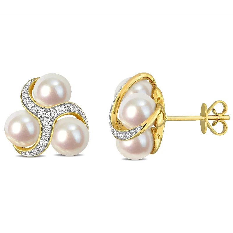 Miadora 1/5ct Diamond TW 6-6.5 mm White Freshwater Cultured Pearl Fashion Post Earrings in 14K Yellow Gold