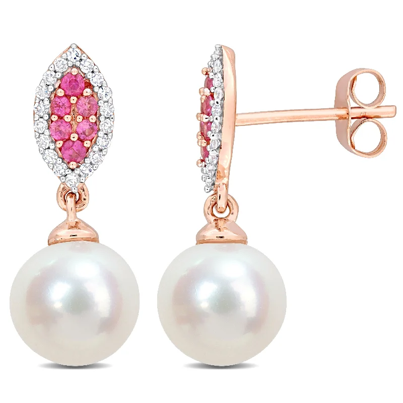 Miadora 1/7ct TDW Diamond And 1/5ct TGW Pink Sapphire & Freshwater Cultured Pearl Fashion Post Earrings in 14K Rose Gold