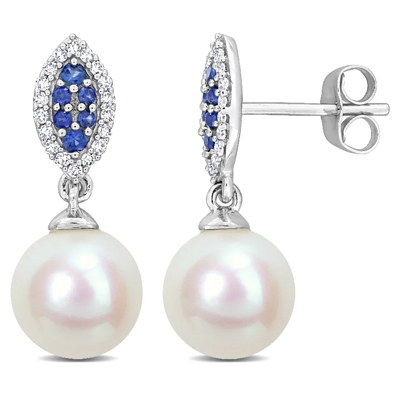 Miadora 1/7ct TDW Diamond And 1/6ct TGW Sapphire & Freshwater Cultured Pearl Fashion Post Earrings in 14K White Gold