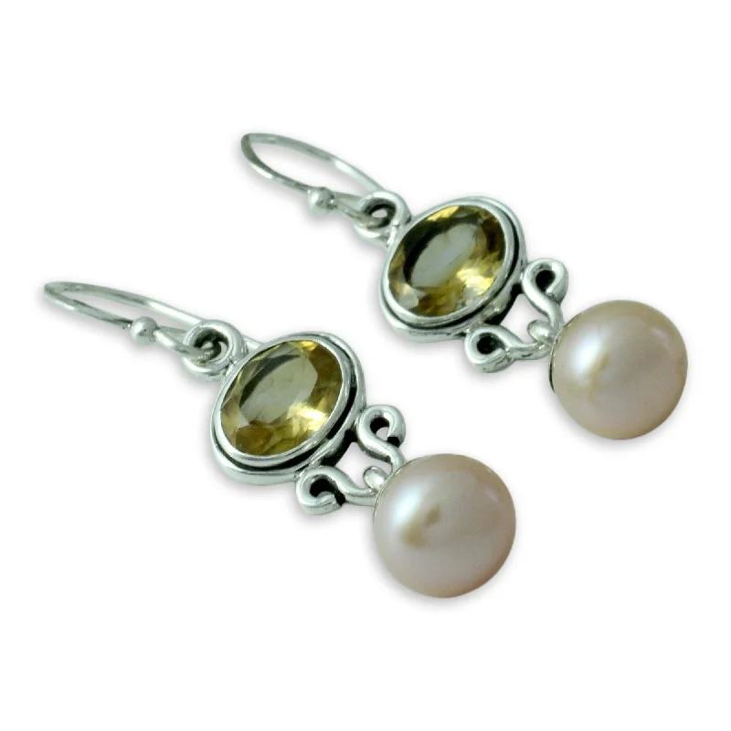 NOVICA Handmade Sterling Silver Golden Light Pearl Citrine Earrings (8.5 mm) (India)