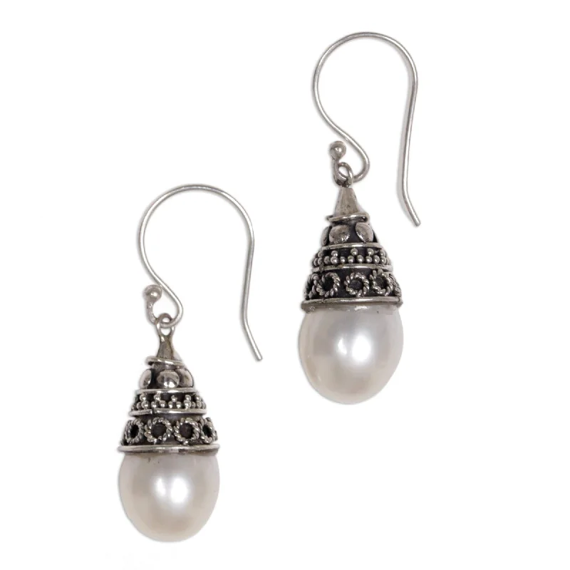 NOVICA Handmade Sterling Silver 'Mystic Bells' Pearl Earrings (10.5 mm) (Indonesia)