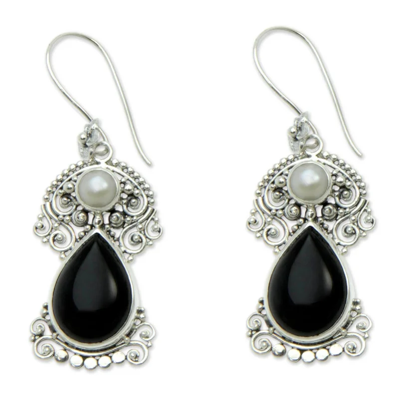 NOVICA Silver Frangipani Nights Pearl Onyx Earrings (6mm) (Indonesia)