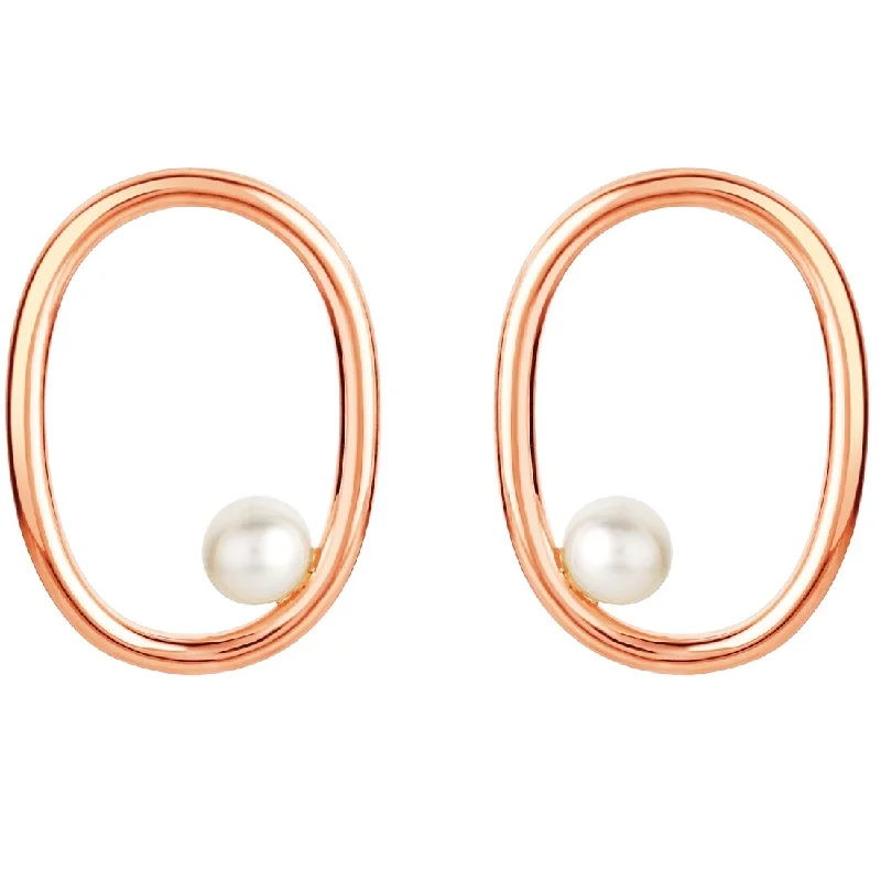 Rose-Tone Sterling Silver Freshwater Pearl Gravity Circle Earrings