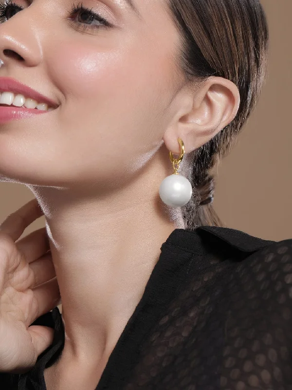 Rubans 18K Gold Plated Hoop Earrings with Large White Pearl Drops