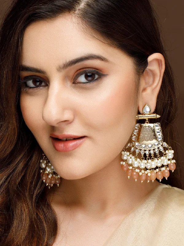 Rubans 22k Gold-Plated Handcrafted Kundan White Stone Studded Chandbali Earrings