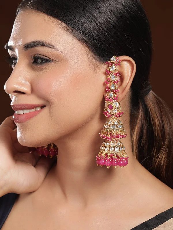 Rubans 22K Gold-Plated Kundan Studded Long Full-Ear Covering Triple-Layer Jhumka with Pink Beads