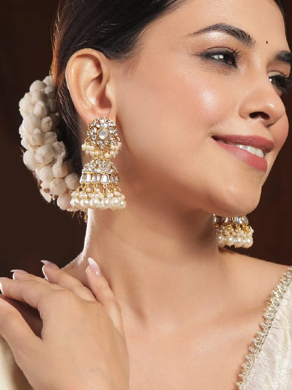 Rubans 18K Gold-Plated White Kundan & Pearl Beaded Traditional Jhumka Earrings