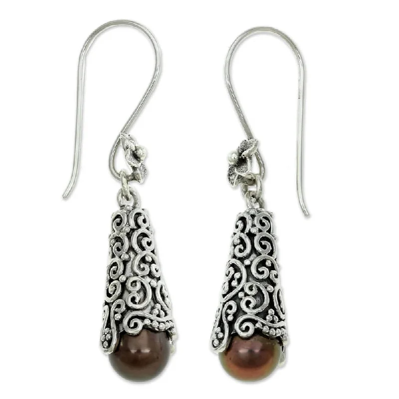 Sterling Silver Arabesque Dewdrops Pearl Earrings (8 mm) (Indonesia) - Black/ Silver - Black/ Silver