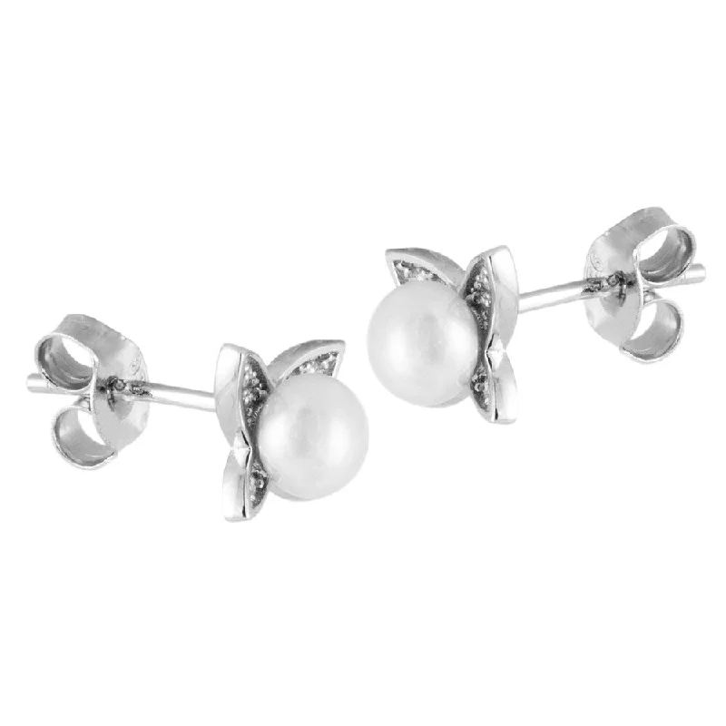 Sterling silver butterfly shaped earrings with pearl in the center - White