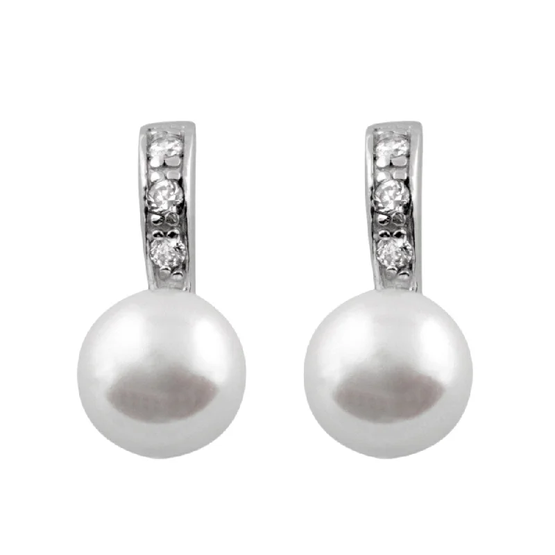 Sterling Silver Cubic Zirconia and Freshwater Pearl Stud Earrings (7-8mm)