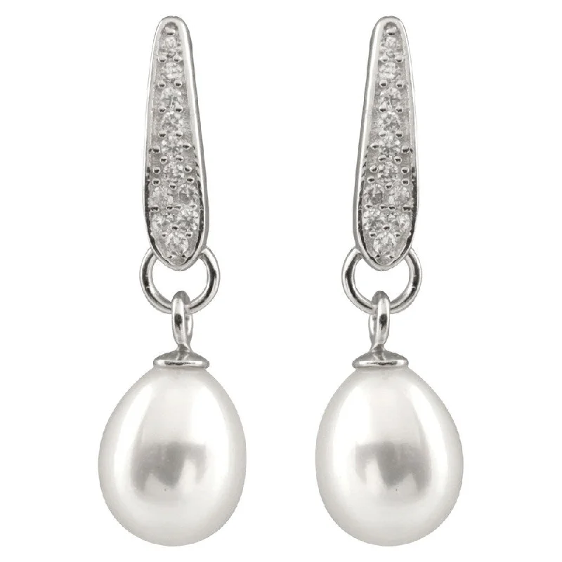 Sterling Silver Dangling Micropave Cubic Zirconia and Freshwater Pearl Earrings