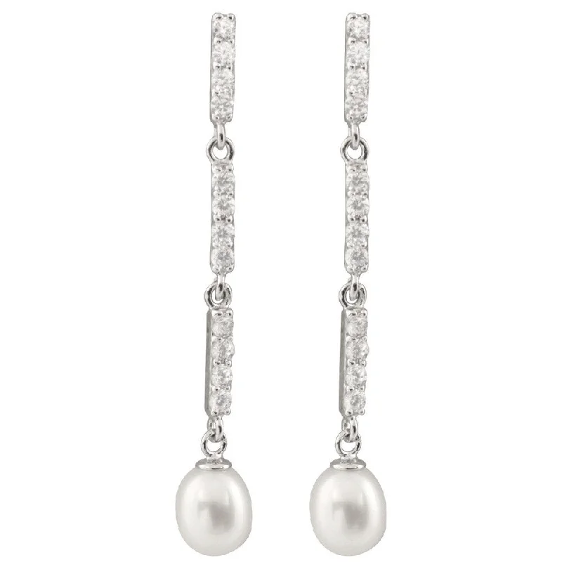 Sterling Silver Freshwater Pearl and Cubic Zirconia Dangle Earrings (7-8mm)