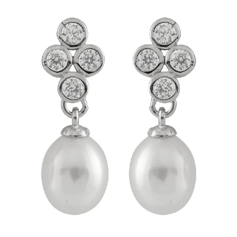 Sterling Silver Quad Bezel Cubic Zirconia Dangling Pearl Earrings