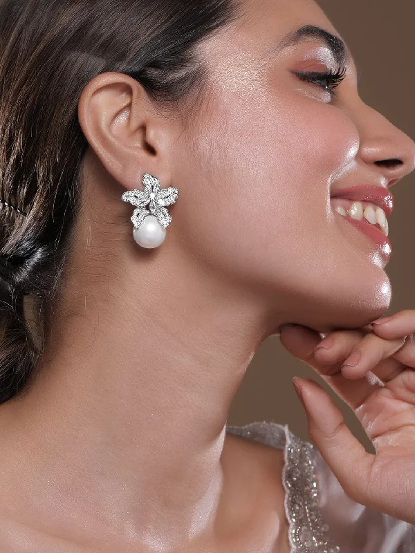 Voguish Rhodium Plated Sparkling AD & Cubic Zirconia Studded Floral Motif Pearl Drop Earrings