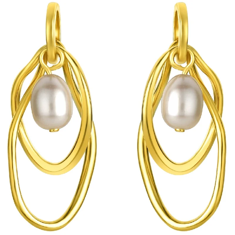 Yellow-Tone Sterling Silver Interlocking Oval Pearl Drop Earrings